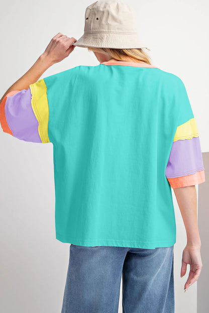Pink Color Block Stitching Sleeve Round Neck Oversize Top