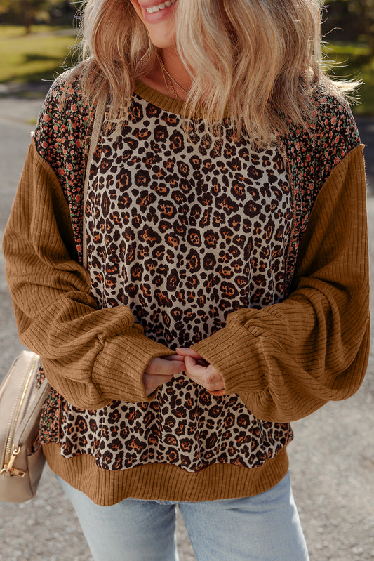 Brown Leopard Floral Print Ribbed Puff Sleeve Patchwork Loose Pullover