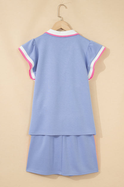 Sky Blue Preppy Striped Trim V Neck Polo Tee Drawstring Skirt Set