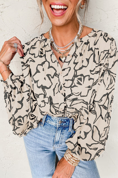 Blue Floral Print Batwing Sleeve Buttoned Loose Fit Shirt