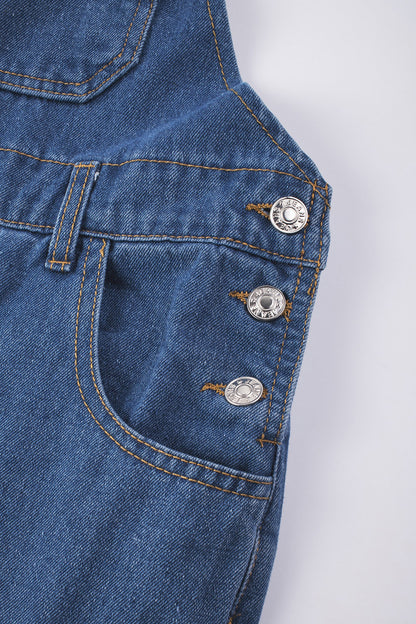 Dark Blue Retro Bib Pocket Buckle Straps Casual Denim Jumpsuit