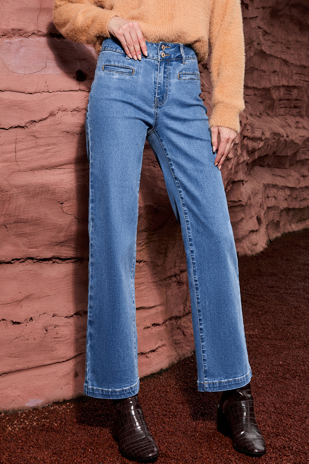 Light Blue Double Button High Rise Straight Leg Jeans