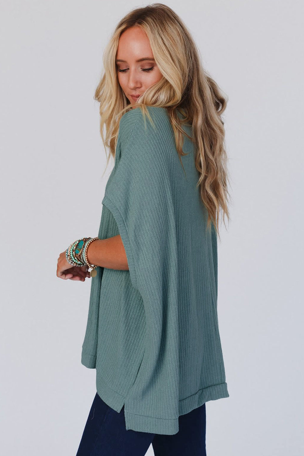 Moonlight Jade Oversized Ribbed Knit V Neck Dolman Short Sleeve Top