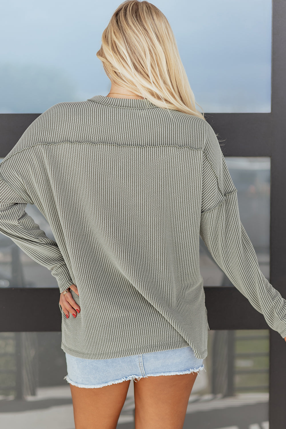 Parchment Twist Ribbed Exposed Seam Detail Long Sleeve Loose Top