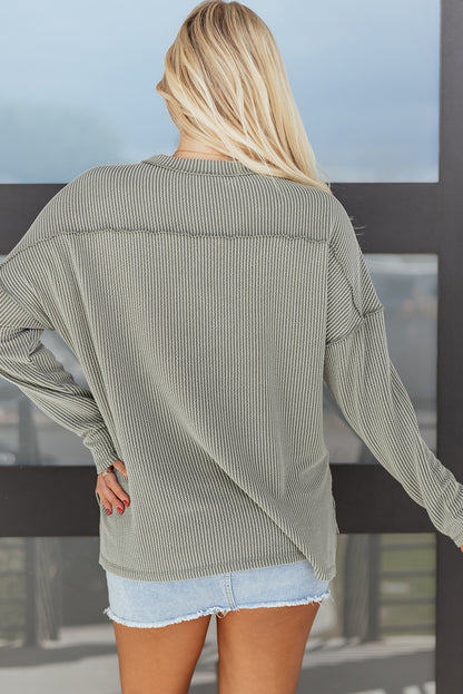 Parchment Twist Ribbed Exposed Seam Detail Long Sleeve Loose Top