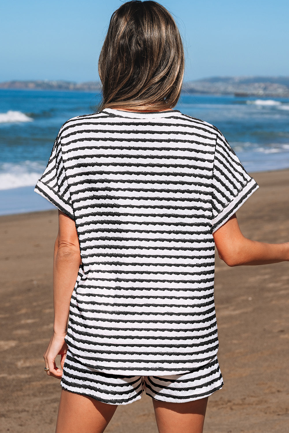 Pink Stripe Knitted Short Sleeve Top and Drawstring Shorts Set