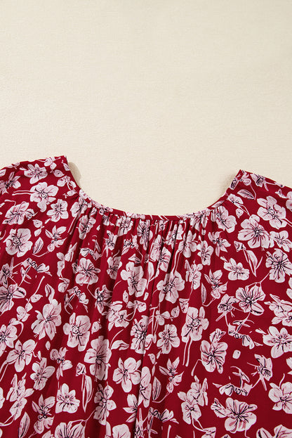 Purple Plus Floral Balloon Sleeve V Neck Relaxed Dress