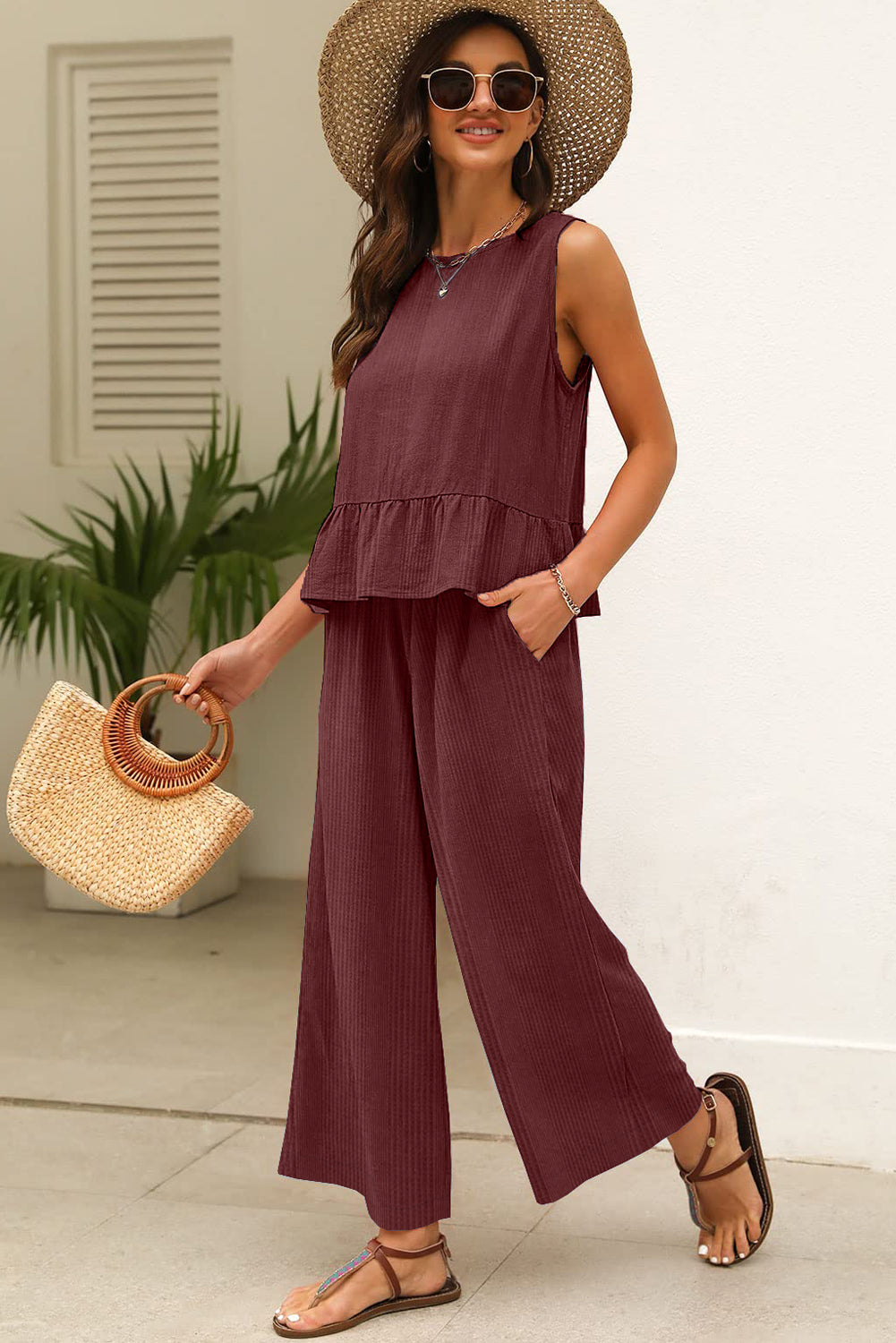 Black Solid Color Ribbed Ruffle Tank Top and Pants Set