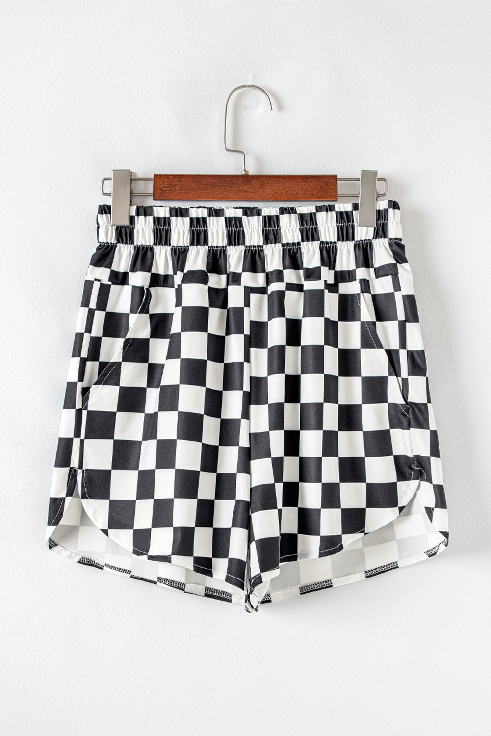 Black Checkered Print High Waist Casual Shorts