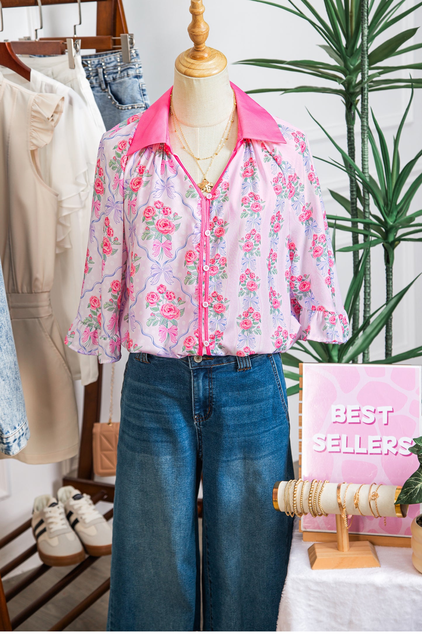 Purple Floral Collared Ruffled Half Sleeve Shirt
