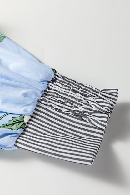 Sky Blue Floral Print Contrast Striped Trim Ruffled V Neck Fall Blouse