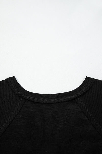 Black Exposed Seam Textured Knit V Neck Pullover Top