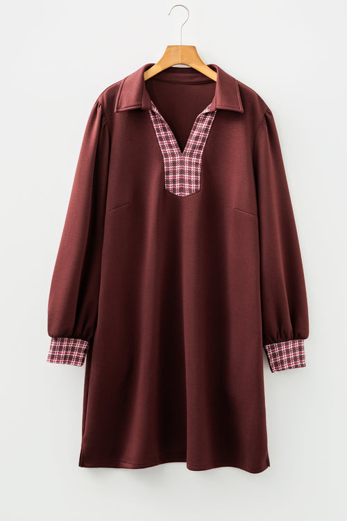 Coffee Contrast Plaid Trim Patchwork Collared Plus Size Shift Mini Dress
