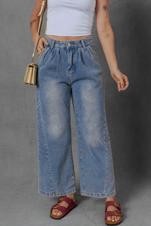 Ashleigh Blue Washed Pleated Detail Wide Leg Jeans