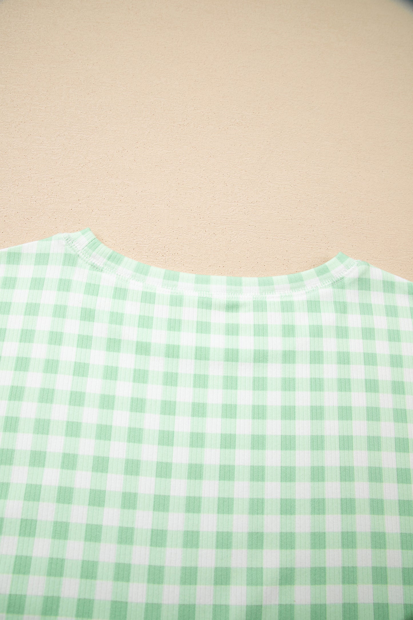 Green Gingham Long Sleeve Loose Top Drawstring Shorts 2pcs Lounge Set