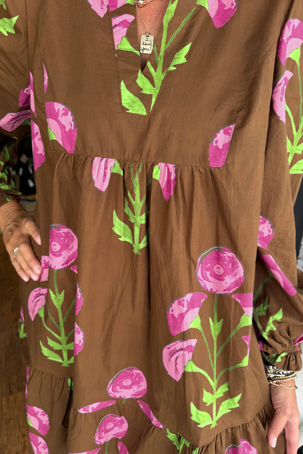 Brown Contrast Floral Print Babydoll Tunic Ruffled Hem Puff Sleeve Dress