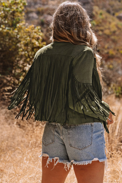 Green Cropped Fringe Faux Suede Jacket