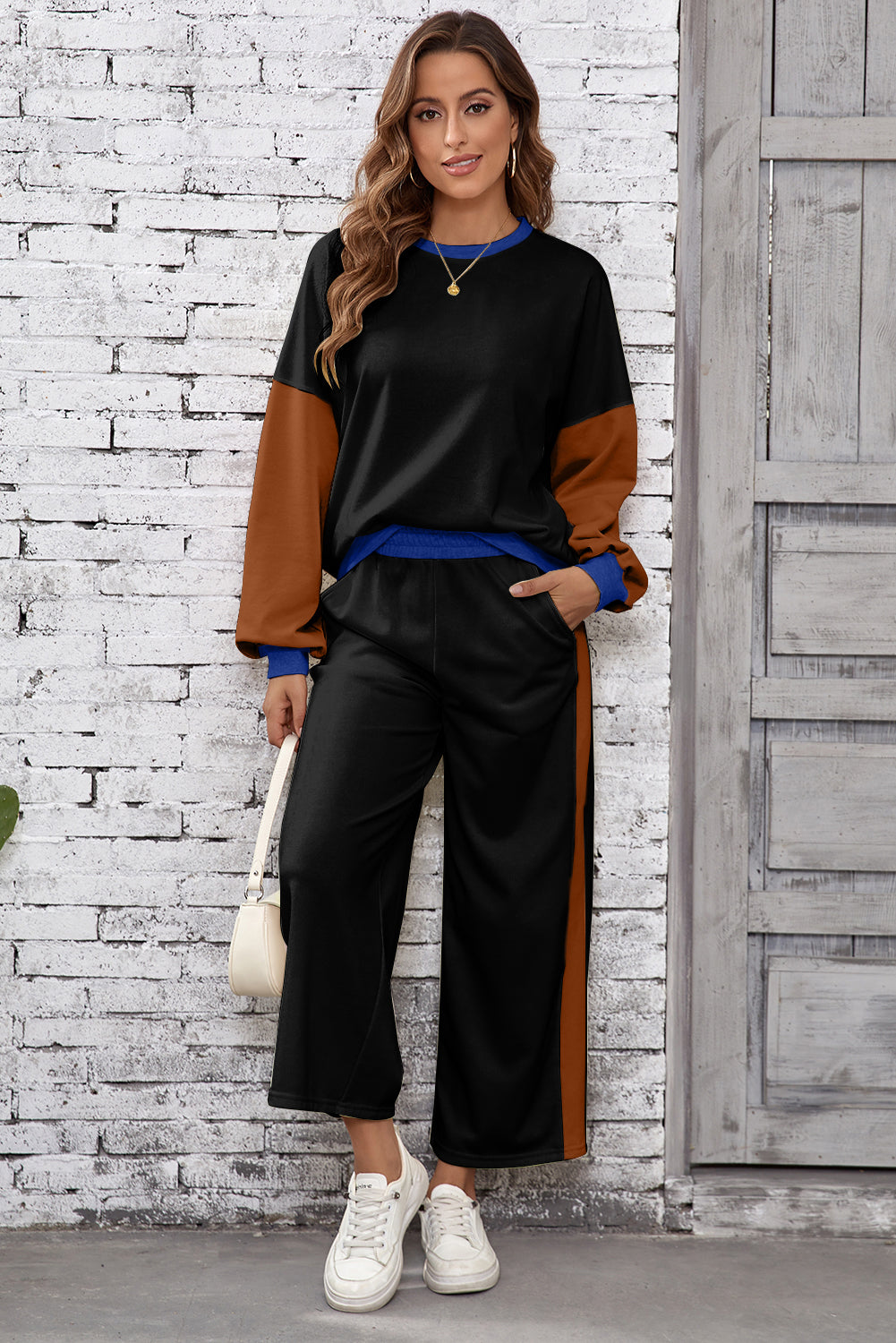 Blackish Green 2pcs Color Block Pullover Loose Pant Set