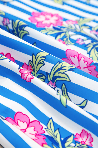 Blue Striped Floral Print Buttoned Cuffs Loose Fit Shirt