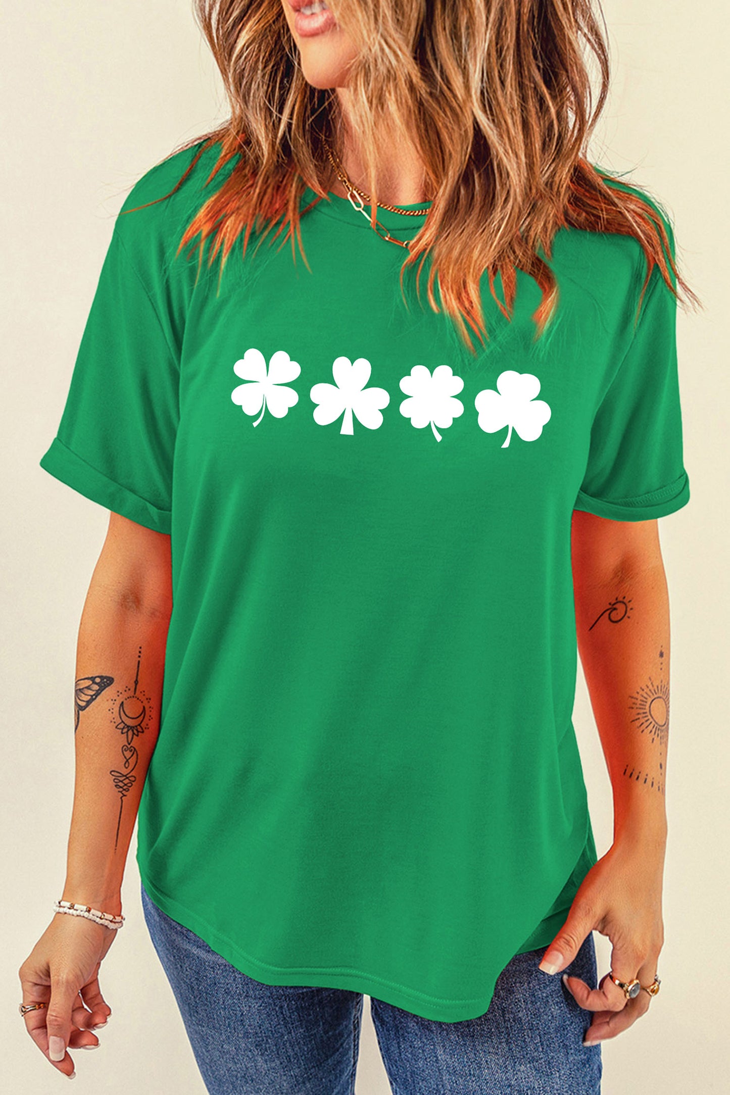 Bright Green St Patricks Day Clover Printed Casual T Shirt