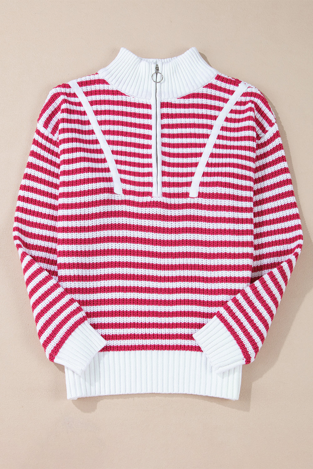 Khaki Stripe Zip up Collar Drop Shoulder Sweater