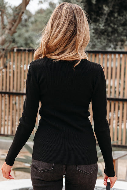 Black Ribbed Knit Cold Shoulder Sweater
