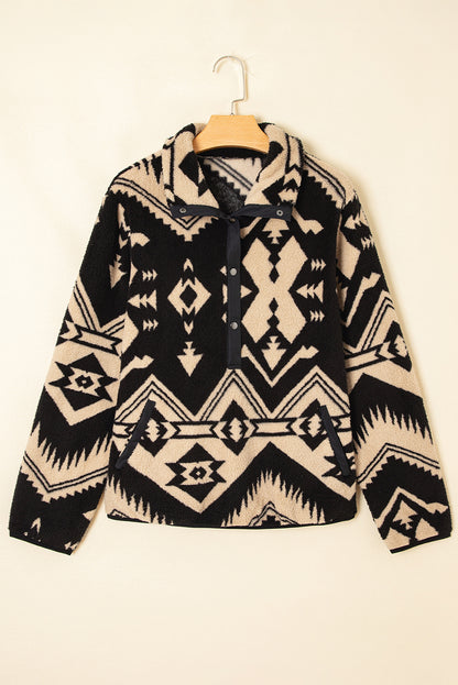 Beige Western Aztec Half Zip Plush Sweatshirt