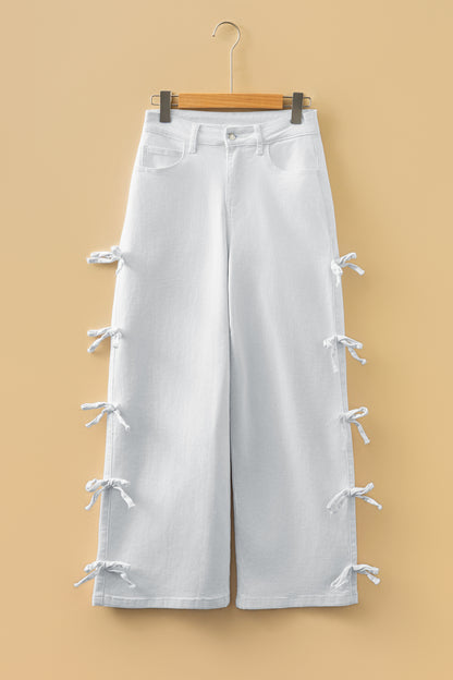 White Bow Knot Side Detail Straight Leg Loose Jeans