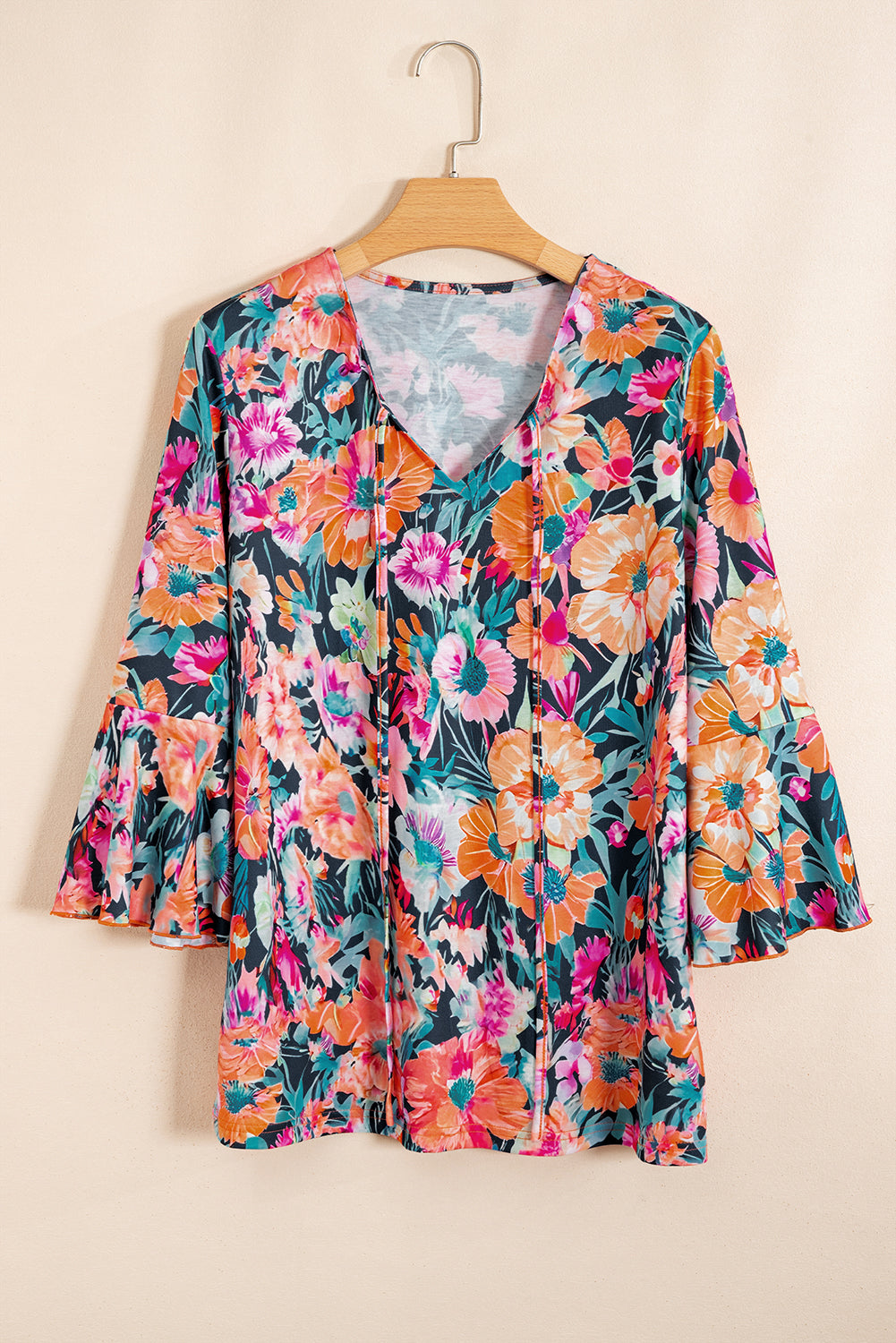 Black Floral 3/4 Flare Sleeve Tied V Neck Blouse