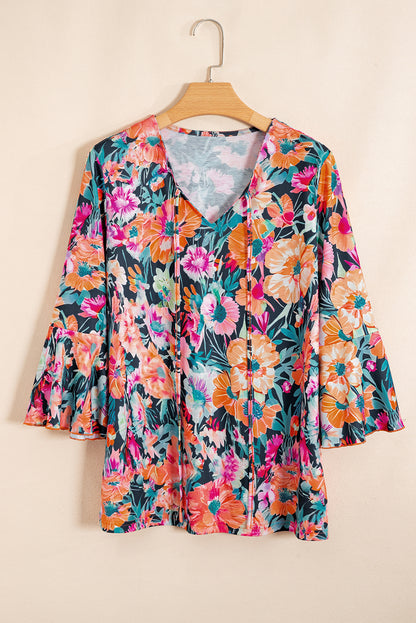 Black Floral 3/4 Flare Sleeve Tied V Neck Blouse