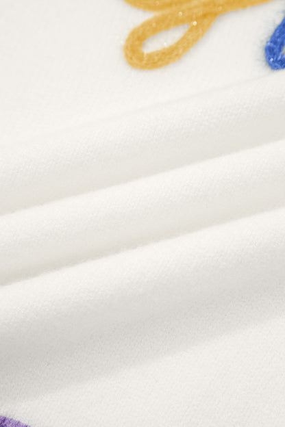 White Mardi Gras Tinsel Letter Graphic Short Sleeve Sweater