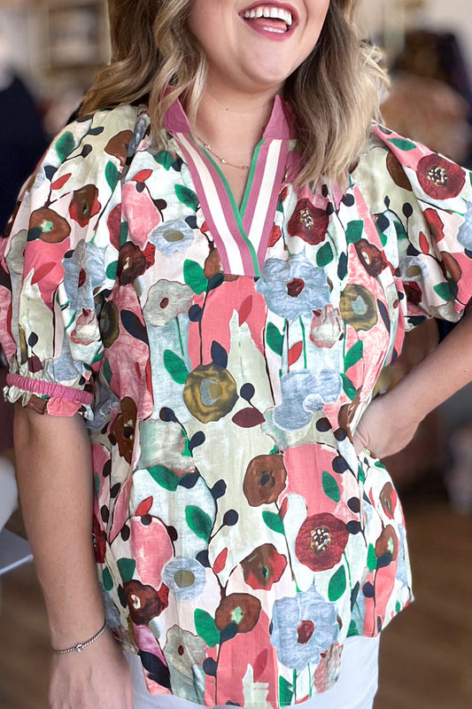 Pink V Neck Short Puff Sleeve Plus Size Floral Blouse