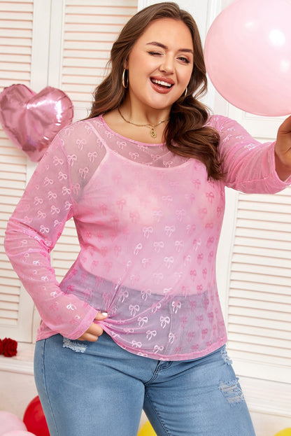 Pink Plus Size Bow Embroidered Mesh Long Sleeve Top