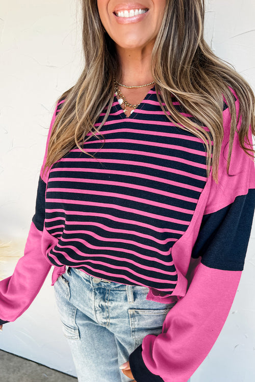 Pink Stripe Color Block V Neck Loose Fit Long Sleeve Top