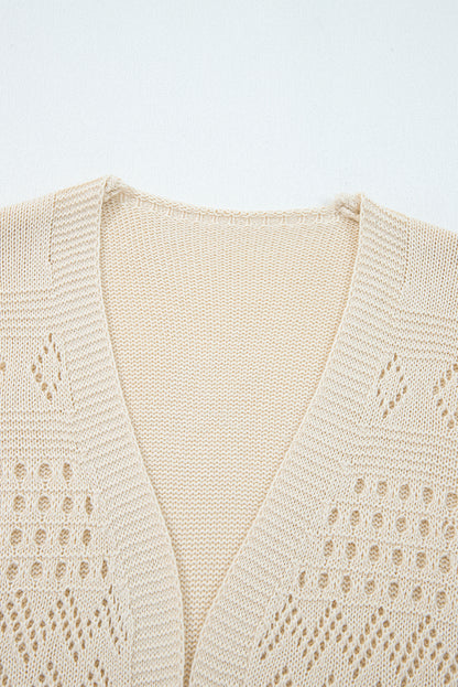 Smoke Gray Solid Color Hollowed Knit Open Front Cardigan Sweater