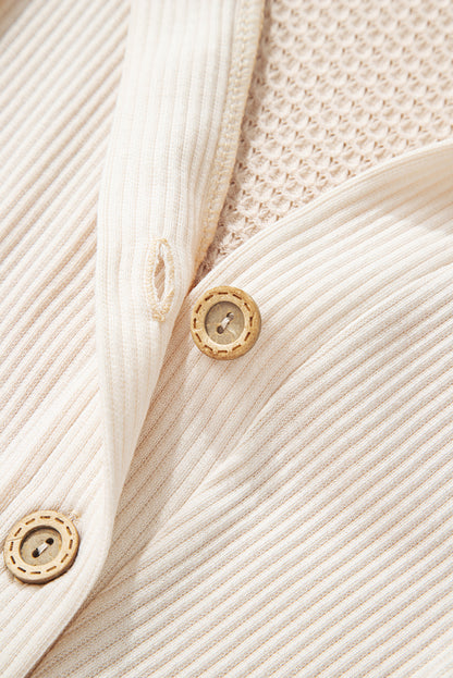 Racing Red Waffle Patchwork Drop Shoulder Hooded Long Sleeve Top