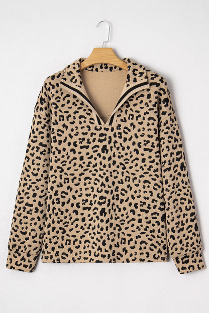 Parchment Leopard Polo Collar V Neck Pullover Top