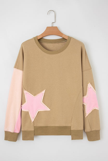 Sage Green Contrast Star Patchwork Exposed Seam Uneven Hem Drop Shoulder Sweatshirt