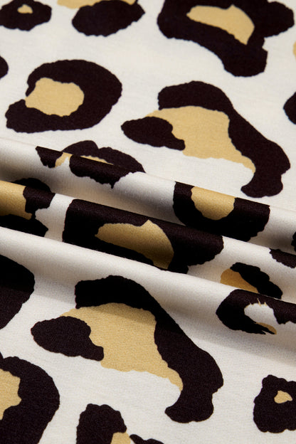 Khaki Leopard Long Sleeve Shift T Shirt Dress with Pockets