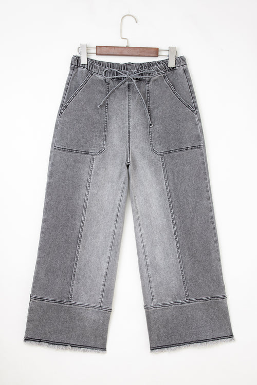 Gray Drawstring Seam Detail Raw Hem Wide Leg Denim Pants