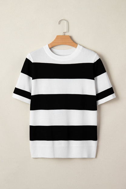 Black Stripe Colorblock Striped Knitted T shirt