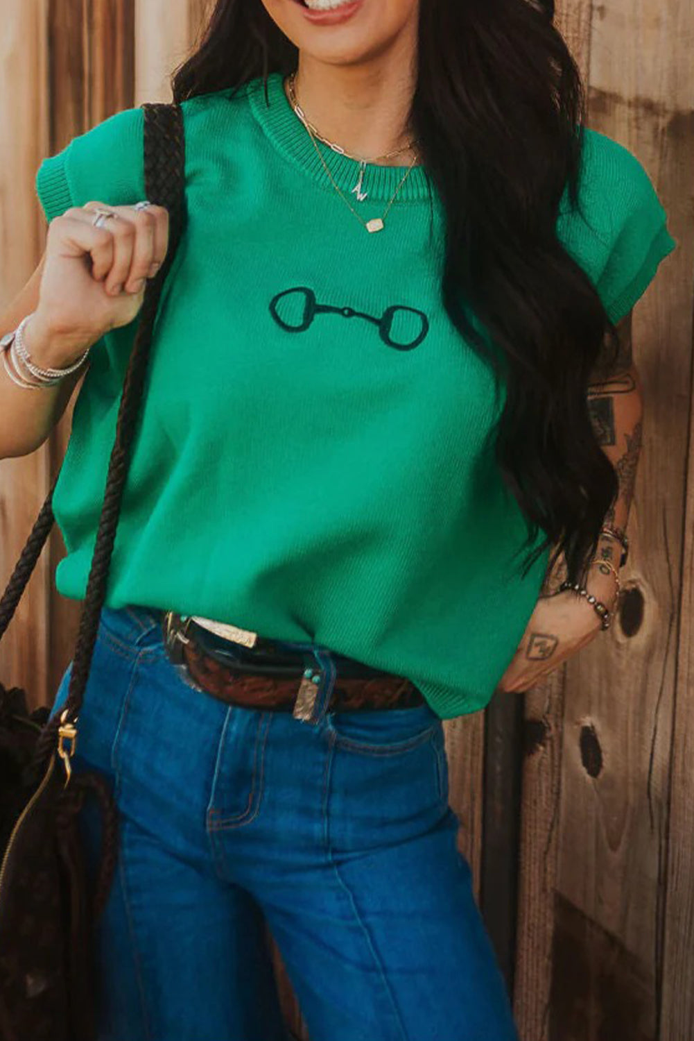Bright Green Horse Bit Embroidered Loose Short Sleeve Sweater