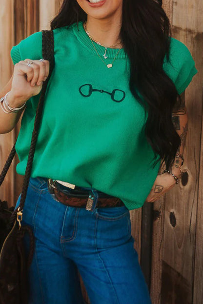 Bright Green Horse Bit Embroidered Loose Short Sleeve Sweater