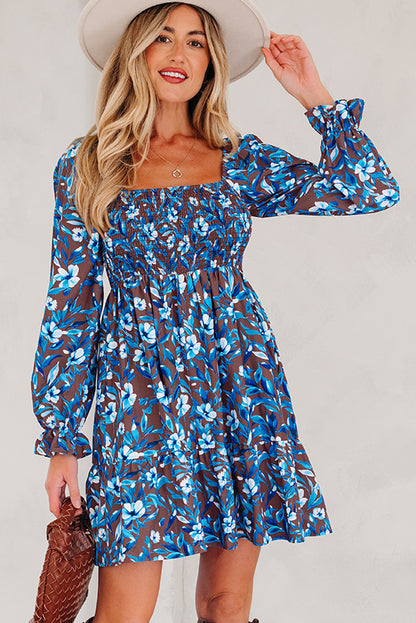 Blue Smocked Bodice High Waist Ruffled Sleeve Floral Dress