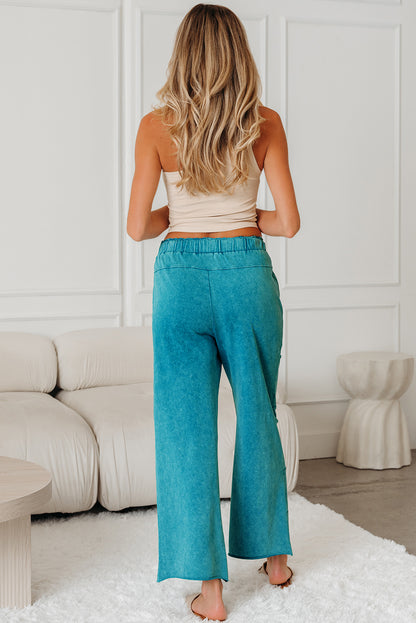 Lapis Mineral Wash Lace-up High Waist Raw Hem Patched Pocket Pants