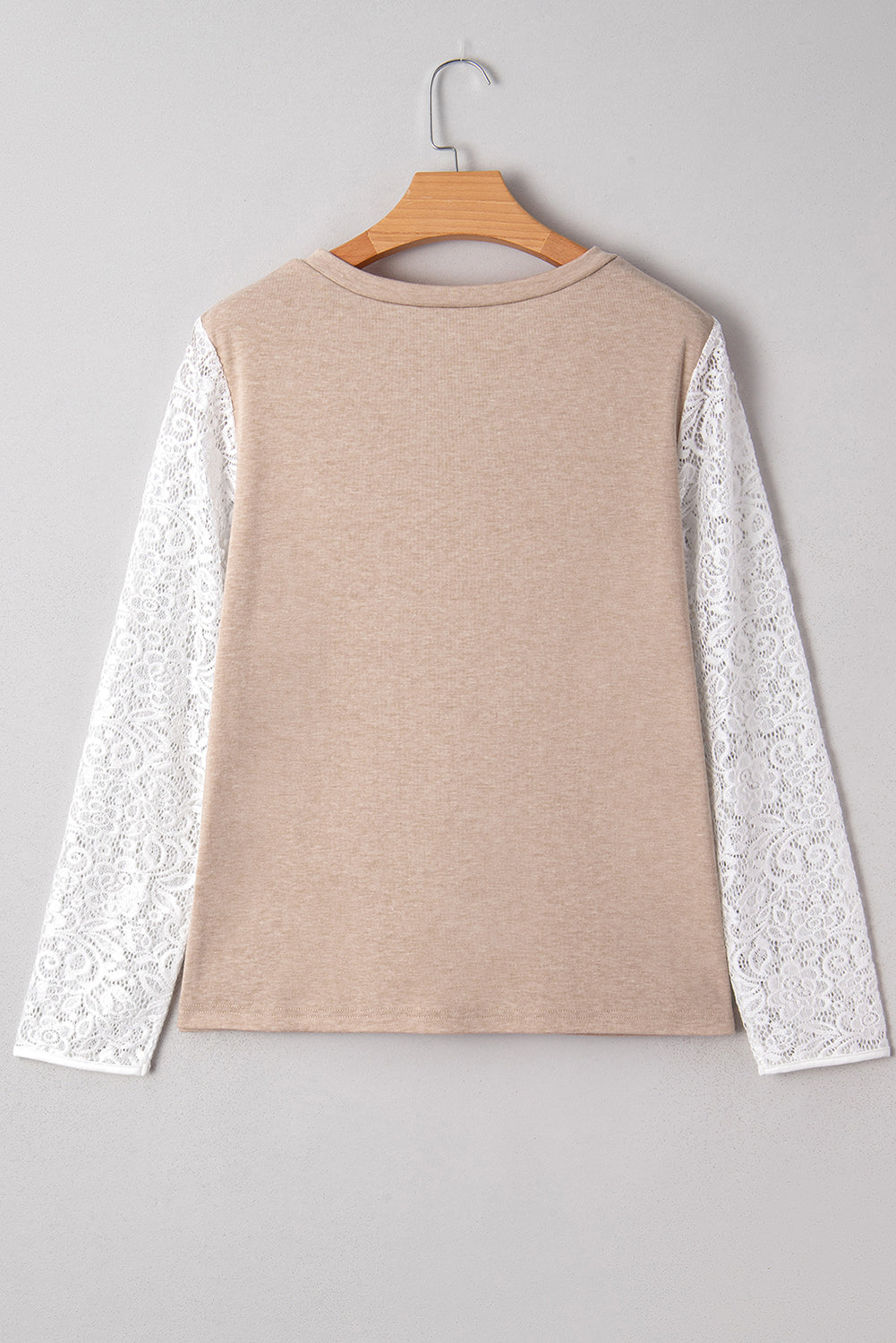 Oatmeal V Neck Contrast Lace Patchwork Long Sleeve Top