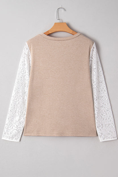 Oatmeal V Neck Contrast Lace Patchwork Long Sleeve Top