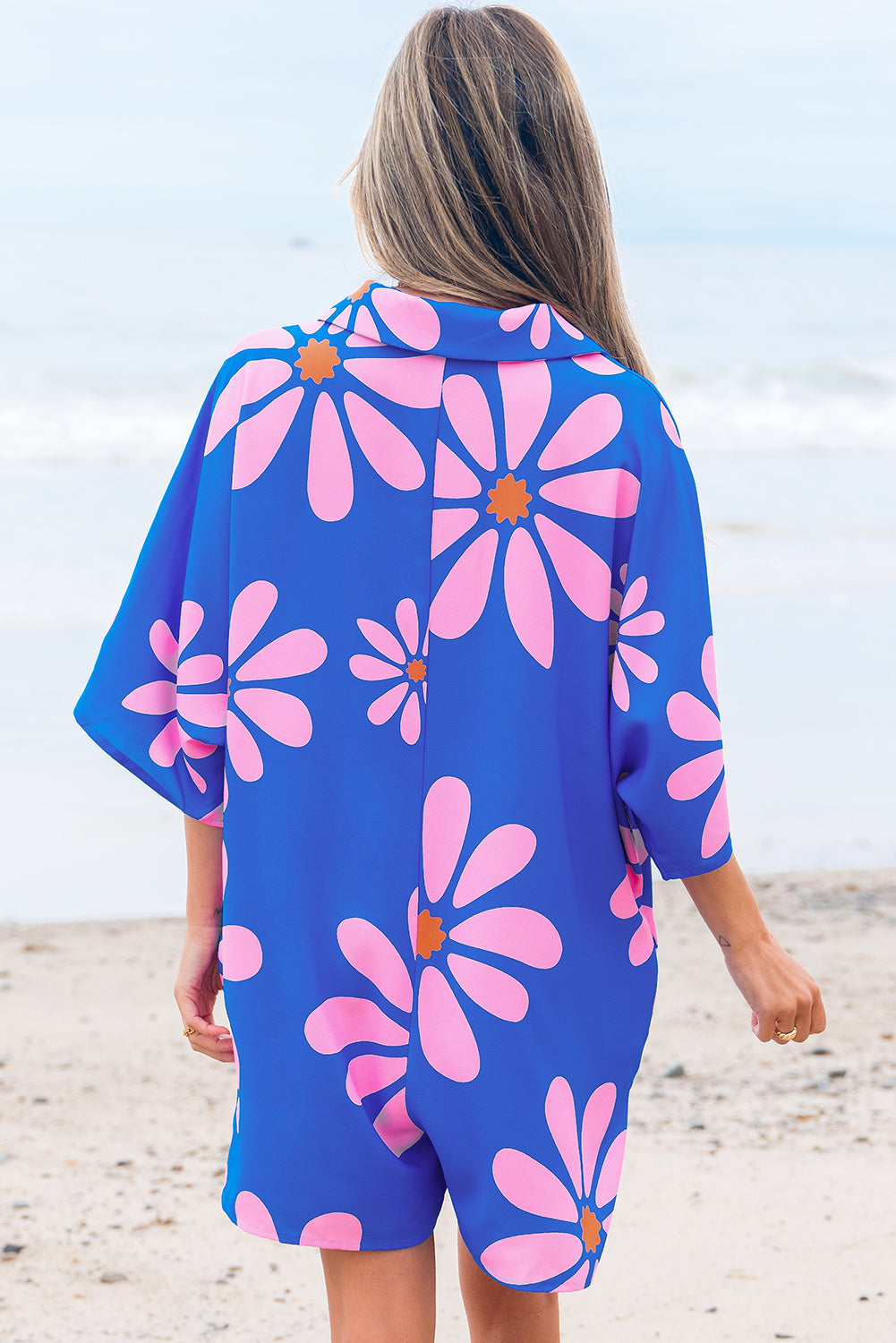 Blue Summer Flower Print Shirt Collar Button Front Loose Romper