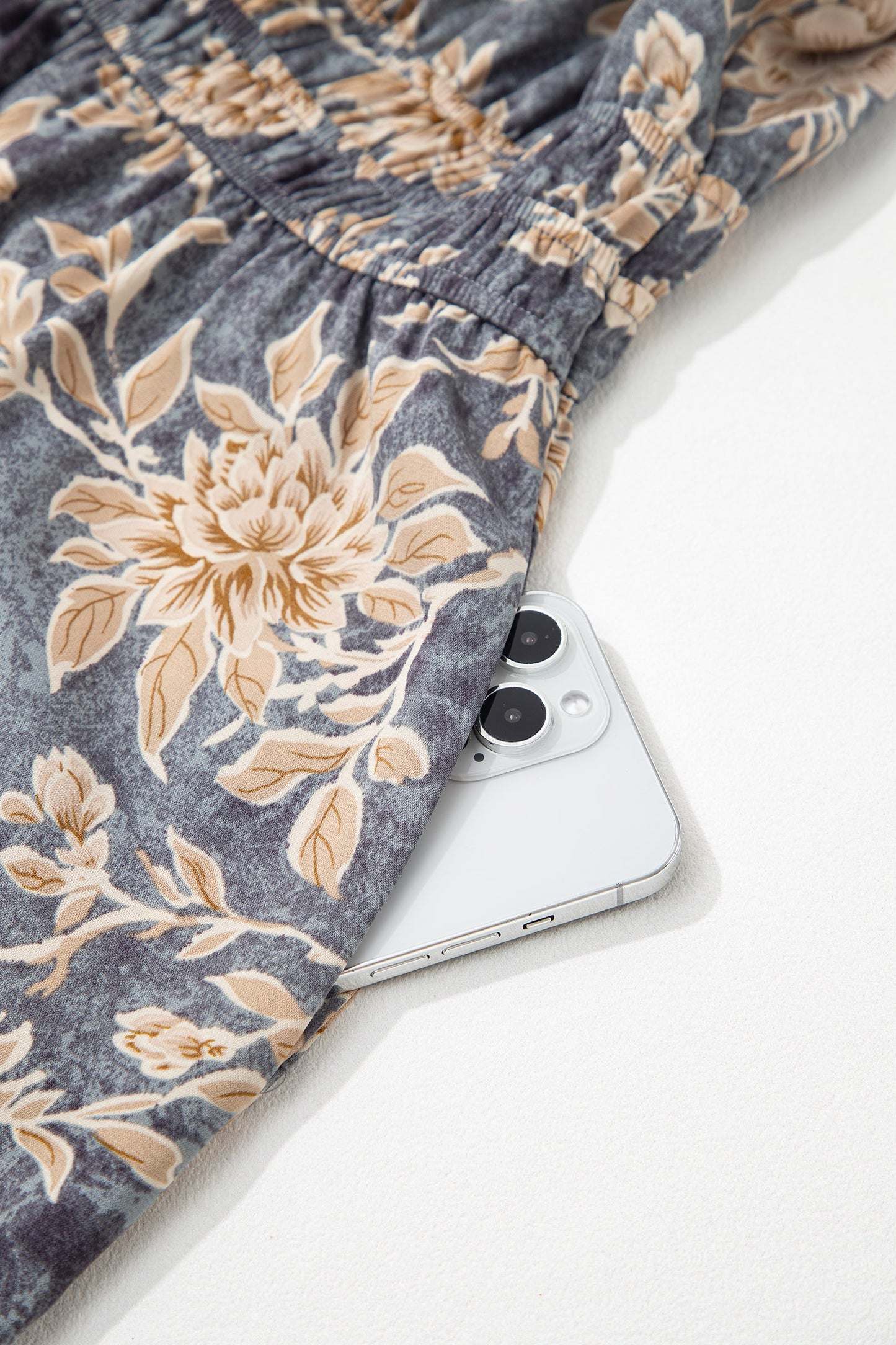 Sky Blue Floral Print Smocked High Waist Long Sleeve Maxi Dress