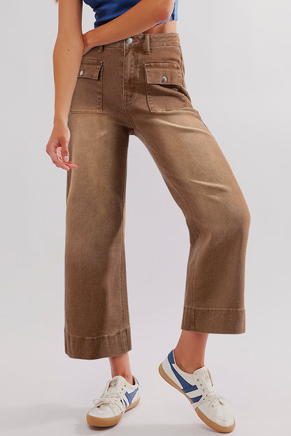 Brown Flap Pockets Front Straight Cropped Jeans